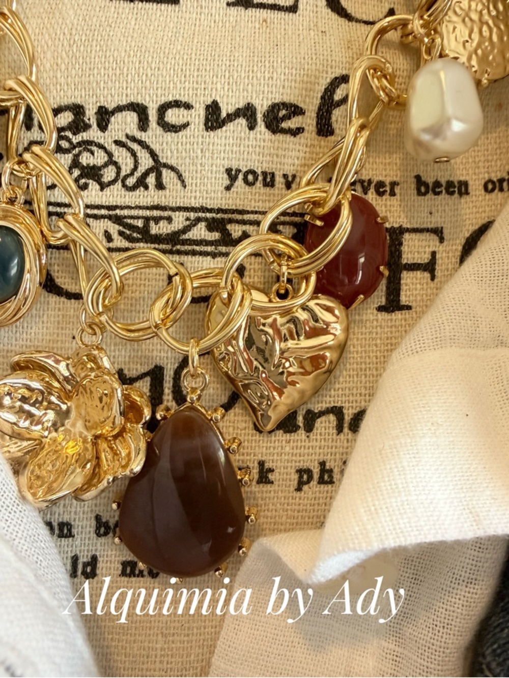 Alquimia Gold Charm Necklace with Green, Brown and Cream Accents - Picture 2 of 6